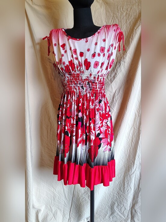 FC Factory Connection Dresses & Skirts - FC Factory Connection Floral Red & Pink Smock Waist Sundress Drawstring Sleeves